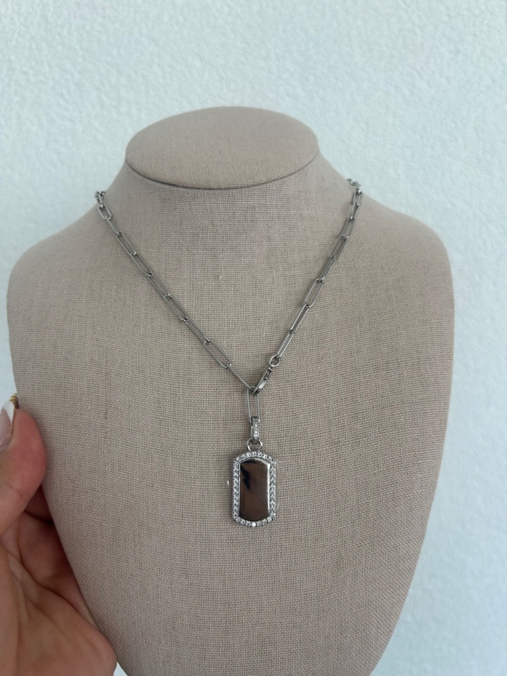 Bomb Party Silver-Tone Rectangular Pendant Necklace with Pavé Halo 22”+2”